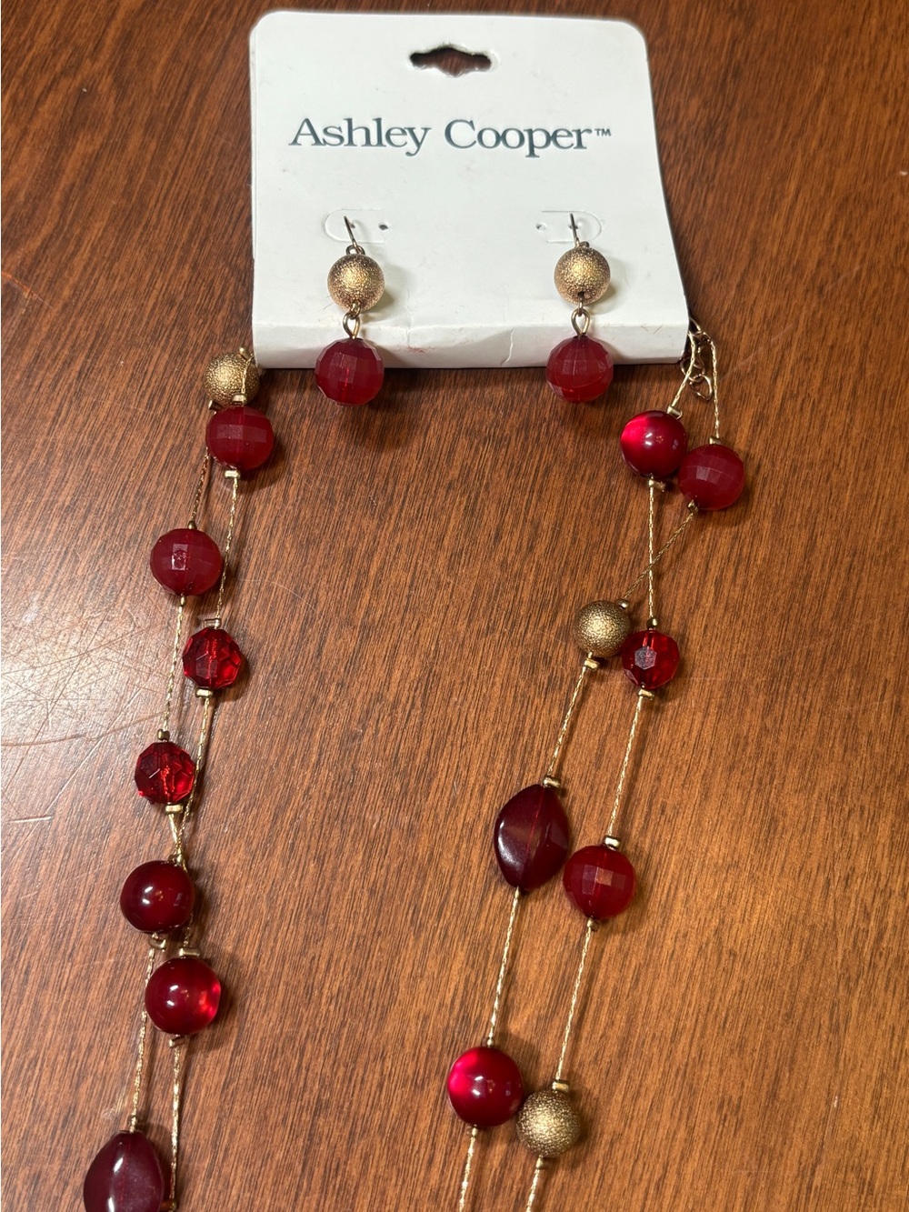 Ashley Cooper Red and Gold Beaded Long Necklace with Matching Drops